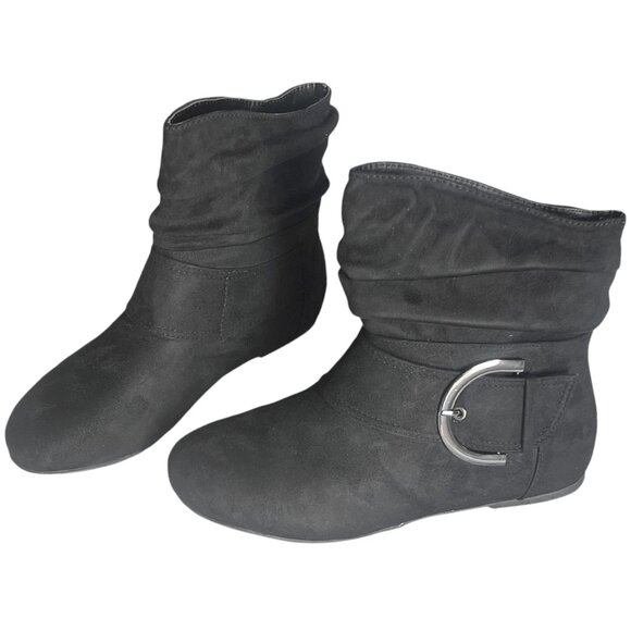 Faux Suede Slouch Ankle Boots – Flat Heel • Large Buckle Strap • Casual & Cool - Picture 2 of 7